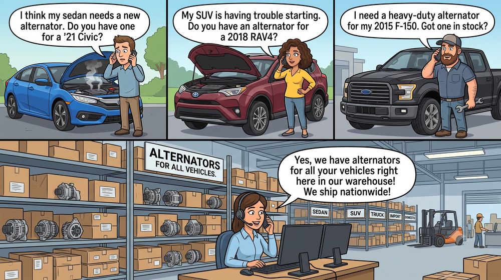 Customers calling National Alternator and Starters about sedan, SUV and truck alternators, with the warehouse team confirming stock for all vehicles